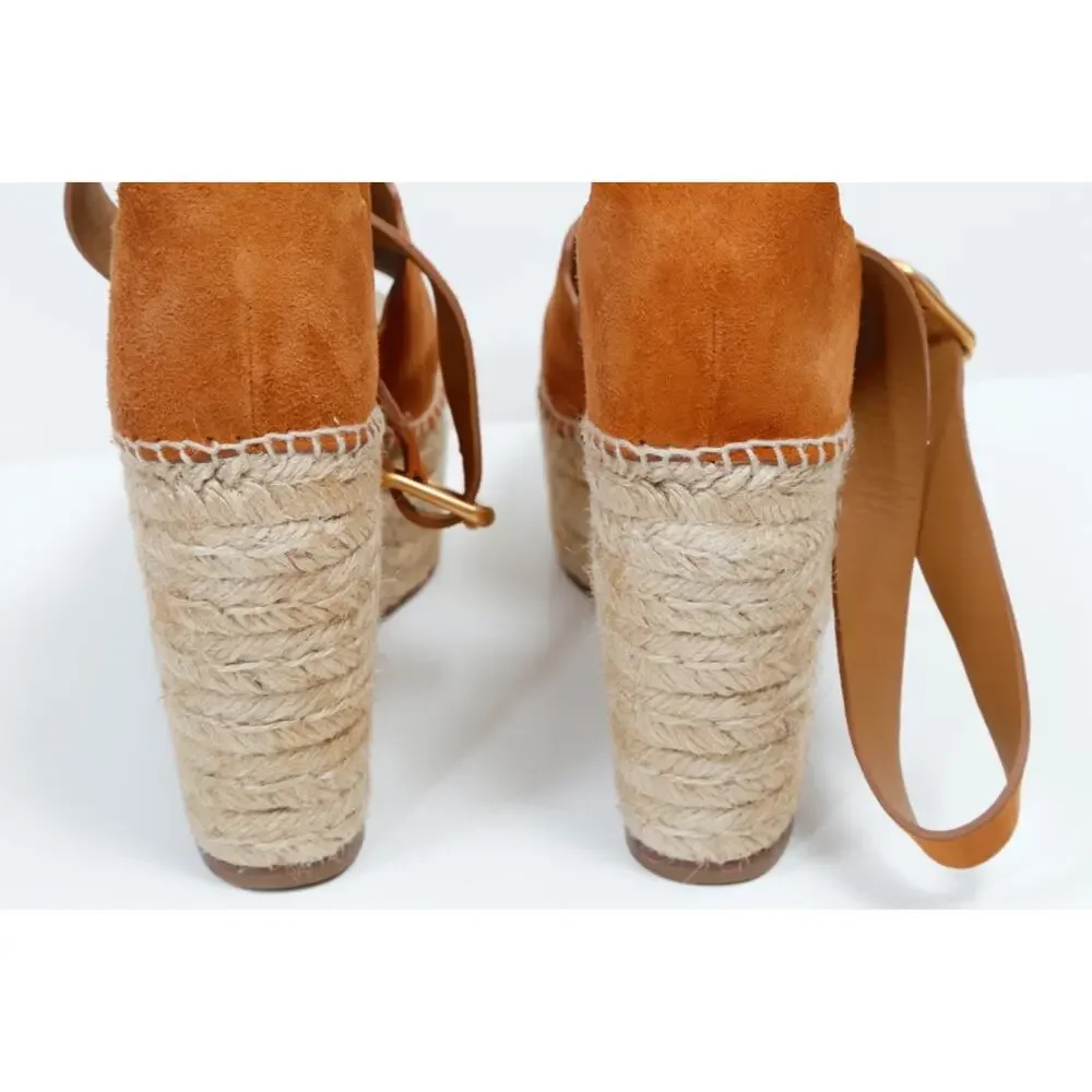 Chloe Lauren Scalloped Suede Espadrille Wedge Sandals 38 Tan Chestnut Platforms